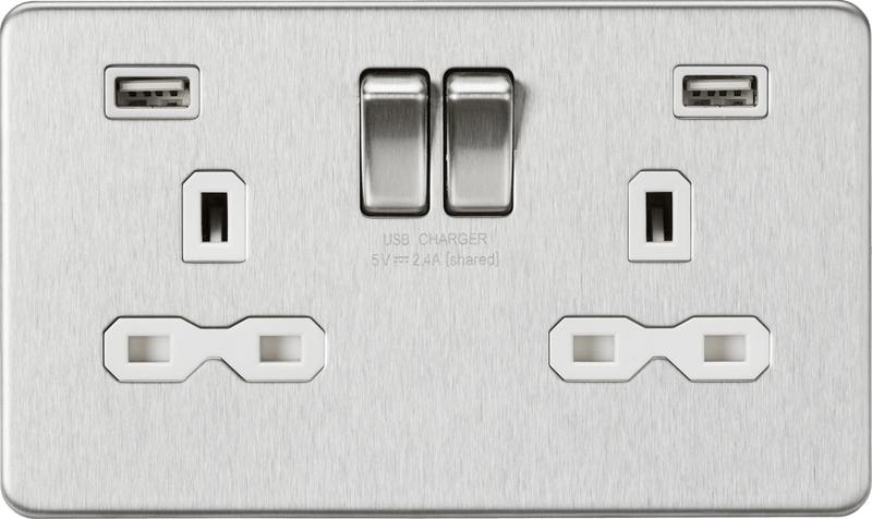 Knightsbridge MLA SFR9224BCW 13A 2G switched socket with dual USB charger A + A (2.4A) - Brushed chrome with white insert - Knightsbridge MLA - Falcon Electrical UK