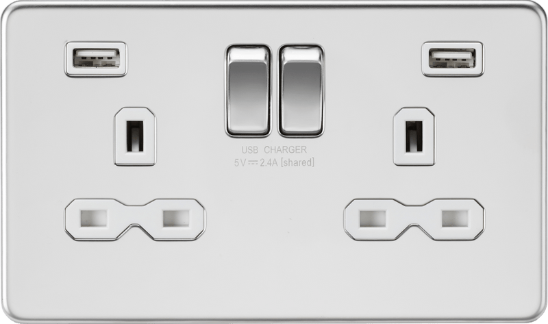 Knightsbridge MLA SFR9224PCW 13A 2G switched socket with dual USB charger A + A (2.4A) - Polished chrome with white insert - Knightsbridge MLA - Falcon Electrical UK