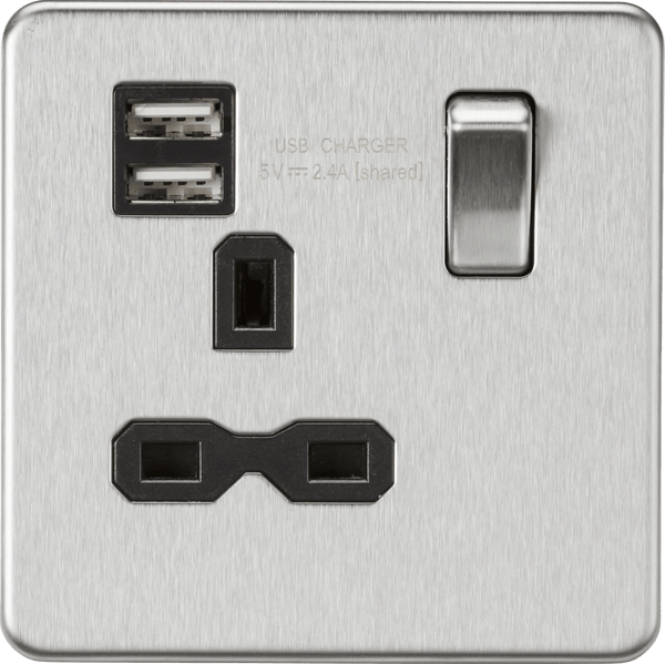 Knightsbridge MLA SFR9124BC Screwless 13A 1G switched socket with dual USB charger (2.4A) - brushed chrome with black insert - Knightsbridge MLA - Falcon Electrical UK