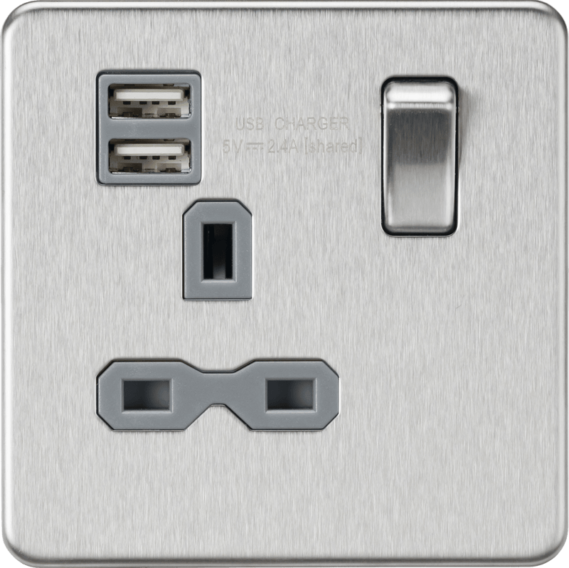 Knightsbridge MLA SFR9124BCG Screwless 13A 1G switched socket with dual USB charger (2.4A) - brushed chrome with grey insert - Knightsbridge MLA - Falcon Electrical UK