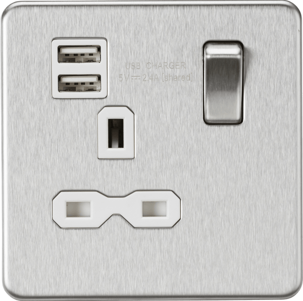 Knightsbridge MLA SFR9124BCW Screwless 13A 1G switched socket with dual USB charger (2.4A) - brushed chrome with white insert - Knightsbridge MLA - Falcon Electrical UK