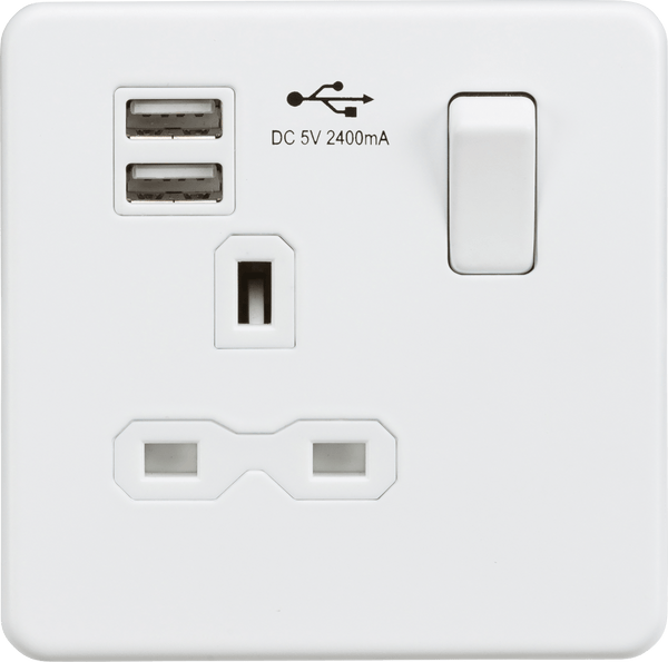 Knightsbridge MLA SFR9124MW Screwless 13A 1G switched socket with dual USB charger (2.4A) - matt white - Knightsbridge MLA - Falcon Electrical UK