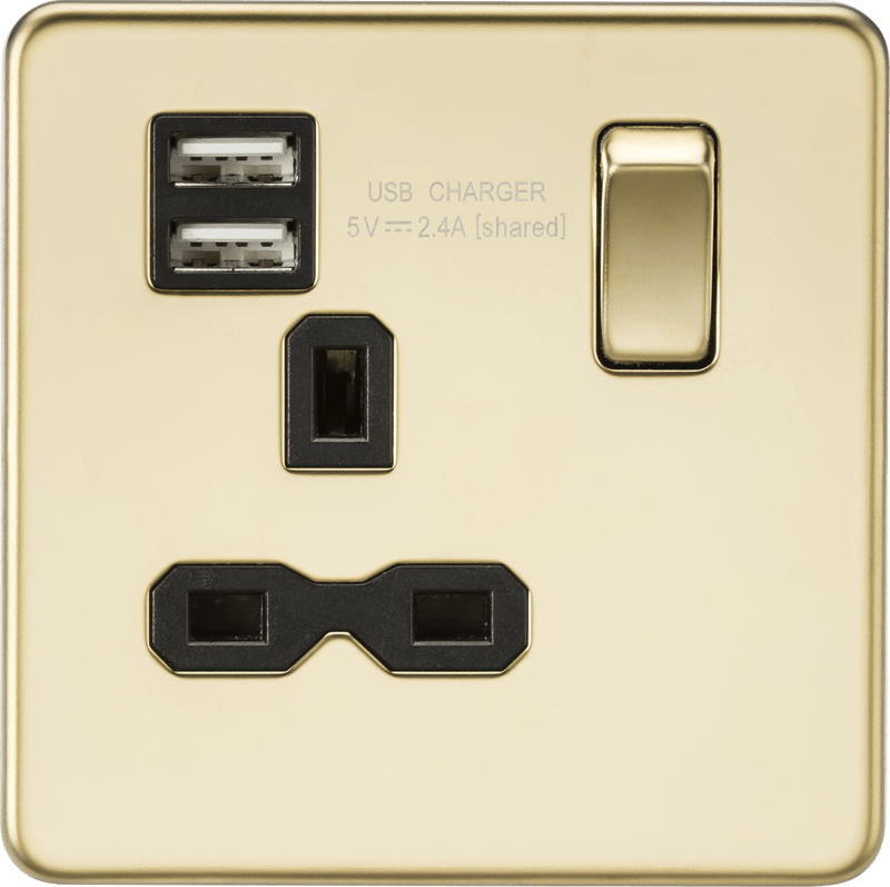 Knightsbridge MLA SFR9124PB Screwless 13A 1G switched socket with dual USB charger (2.4A) - polished brass with black insert - Knightsbridge MLA - Falcon Electrical UK