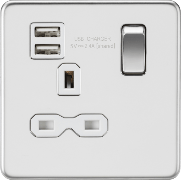 Knightsbridge MLA SFR9124PCW Screwless 13A 1G switched socket with dual USB charger (2.4A) - polished chrome with white insert - Knightsbridge MLA - Falcon Electrical UK