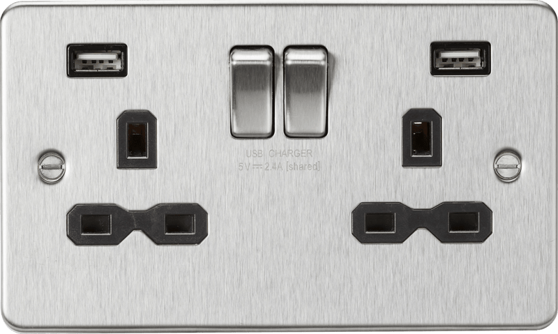 Knightsbridge MLA FPR9224BC 13A 2G switched socket with dual USB charger A + A (2.4A) - Brushed chrome with black insert - Knightsbridge MLA - Falcon Electrical UK