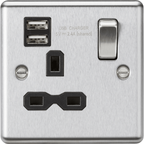 Knightsbridge MLA CL9124BC 13A 1G Switched Socket Dual USB Charger Slots with Black Insert - Rounded Edge Brushed Chrome - Knightsbridge MLA - Falcon Electrical UK