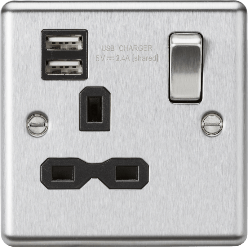 Knightsbridge MLA CL9124BC 13A 1G Switched Socket Dual USB Charger Slots with Black Insert - Rounded Edge Brushed Chrome - Knightsbridge MLA - Falcon Electrical UK