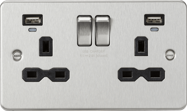 Knightsbridge MLA FPR9904NBC 13A 2G Switched Socket, dual USB charger (2.4A) with Indicators - Brushed Chrome with black insert - Knightsbridge MLA - Falcon Electrical UK