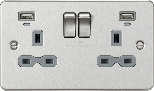 Knightsbridge MLA FPR9904NBCG Flat plate 13A 2G switched socket with USB chargers (2.4A) - Brushed Chrome with grey insert - Knightsbridge MLA - Falcon Electrical UK