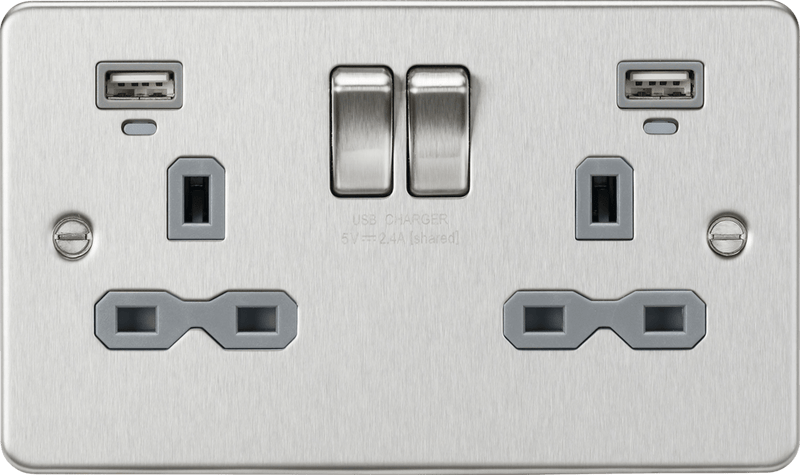 Knightsbridge MLA FPR9904NBCG Flat plate 13A 2G switched socket with USB chargers (2.4A) - Brushed Chrome with grey insert - Knightsbridge MLA - Falcon Electrical UK