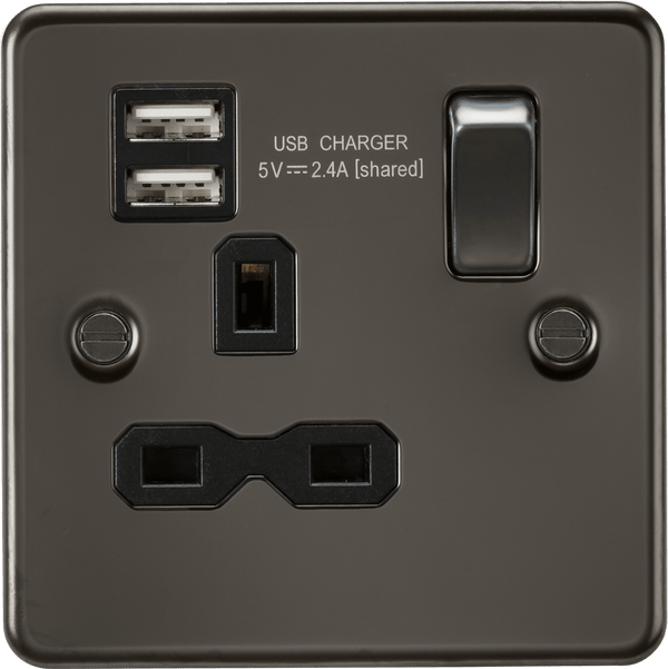 Knightsbridge MLA FPR9124GM Flat plate 13A 1G switched socket with dual USB charger (2.4A) - gunmetal with black insert - Knightsbridge MLA - Falcon Electrical UK