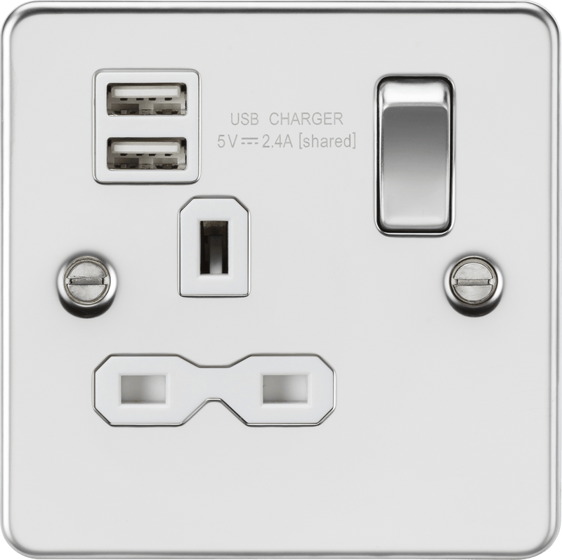 Knightsbridge MLA FPR9124PCW Flat plate 13A 1G switched socket with dual USB charger (2.4A) - polished chrome with white insert - Knightsbridge MLA - Falcon Electrical UK