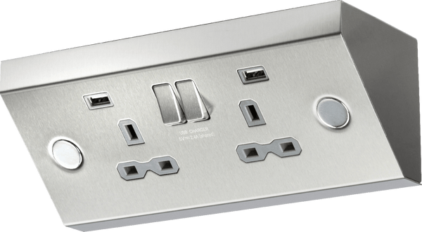 Knightsbridge MLA SKR009A 13A 2G Mounting Switched Socket with Dual USB Charger (2.4A) - Stainless Steel with grey insert - Knightsbridge MLA - Falcon Electrical UK