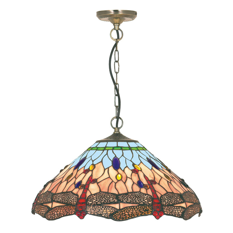 Searchlight 1283-16 Dragonfly Pendant - Antique Brass Metal & Stained Glass - Searchlight - Falcon Electrical UK