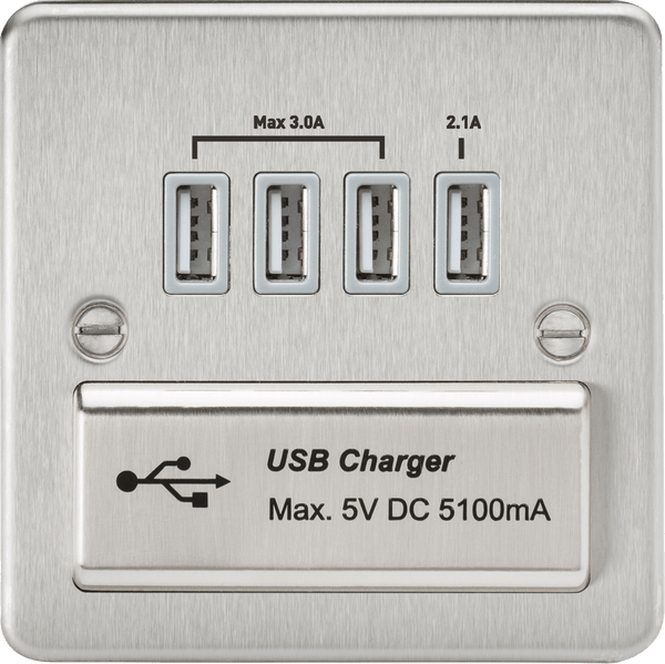 Knightsbridge MLA FPQUADBCG Flat Plate Quad USB charger outlet - Brushed chrome with grey insert - Knightsbridge MLA - Falcon Electrical UK