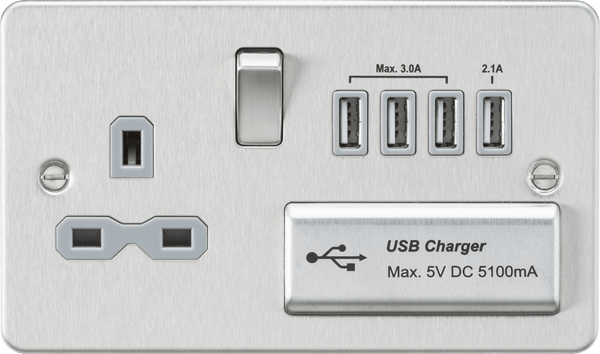 Knightsbridge MLA FPR7USB4BCG Flat plate 13A switched socket with quad USB charger - brushed chrome with grey insert - Knightsbridge MLA - Falcon Electrical UK