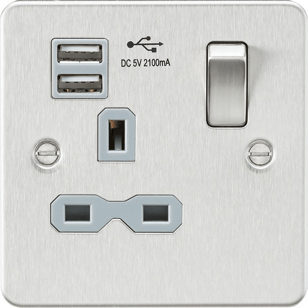 Knightsbridge MLA FPR9901BCG Flat plate 13A 1G switched socket with dual USB charger (2.1A) - brushed chrome with grey insert - Knightsbridge MLA - Falcon Electrical UK