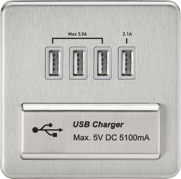 Knightsbridge MLA SFQUADBCG Screwless Quad USB Charger Outlet (5.1A) - Brushed Chrome with Grey Insert - Knightsbridge MLA - Falcon Electrical UK