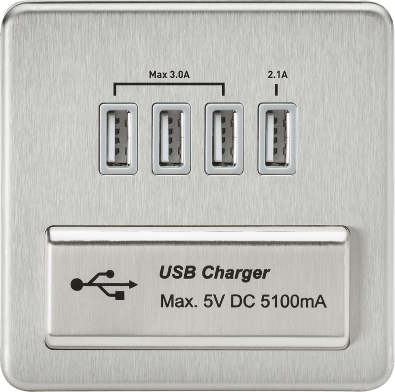 Knightsbridge MLA SFQUADBCG Screwless Quad USB Charger Outlet (5.1A) - Brushed Chrome with Grey Insert - Knightsbridge MLA - Falcon Electrical UK