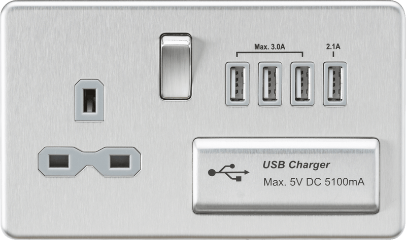 Knightsbridge MLA SFR7USB4BCG Screwless 13A switched socket with quad USB charger (5.1A) - brushed chrome with grey insert - Knightsbridge MLA - Falcon Electrical UK