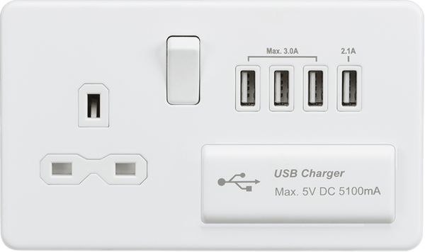 Knightsbridge MLA SFR7USB4MW Screwless 13A switched socket with quad USB charger (5.1A) - matt white - Knightsbridge MLA - Falcon Electrical UK