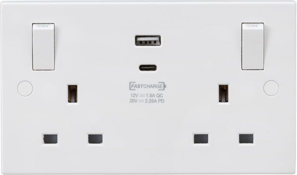 Knightsbridge MLA SN9003 13A 2G Switched socket with outboard rockers and dual USB (A+C) QC18W / USB-PD 45W - Knightsbridge MLA - Falcon Electrical UK