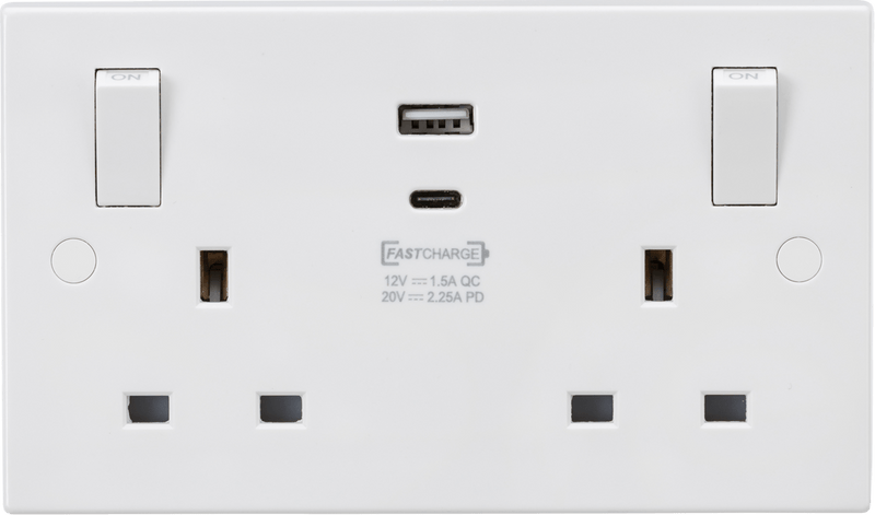 Knightsbridge MLA SN9003 13A 2G Switched socket with outboard rockers and dual USB (A+C) QC18W / USB-PD 45W - Knightsbridge MLA - Falcon Electrical UK