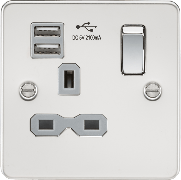 Knightsbridge MLA FPR9901PCG Flat plate 13A 1G switched socket with dual USB charger (2.1A) - polished chrome with grey insert - Knightsbridge MLA - Falcon Electrical UK