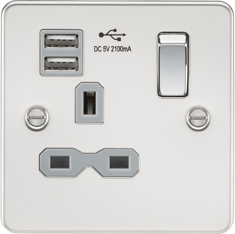 Knightsbridge MLA FPR9901PCG Flat plate 13A 1G switched socket with dual USB charger (2.1A) - polished chrome with grey insert - Knightsbridge MLA - Falcon Electrical UK