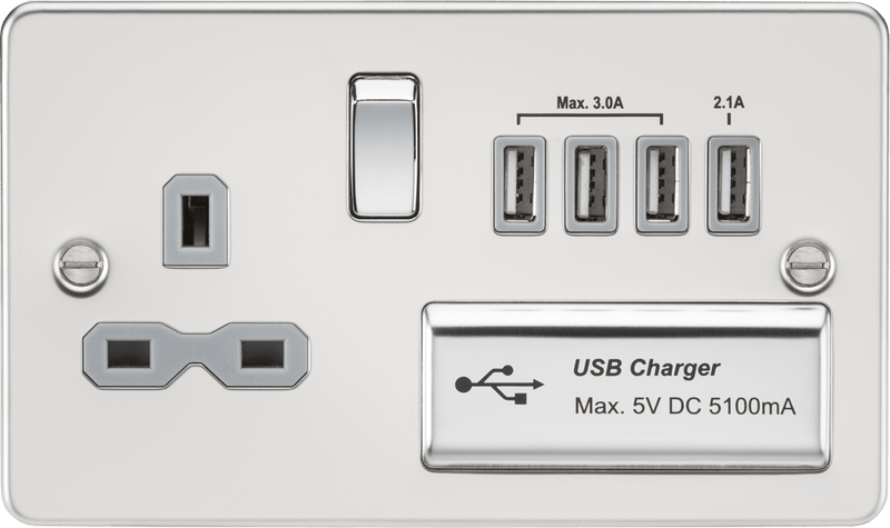 Knightsbridge MLA FPR7USB4PCG Flat plate 13A switched socket with quad USB charger - polished chrome with grey insert - Knightsbridge MLA - Falcon Electrical UK