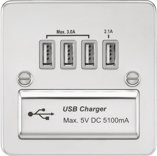 Knightsbridge MLA FPQUADPCG Flat plate Quad USB charger outlet - Polished chrome with grey insert - Knightsbridge MLA - Falcon Electrical UK