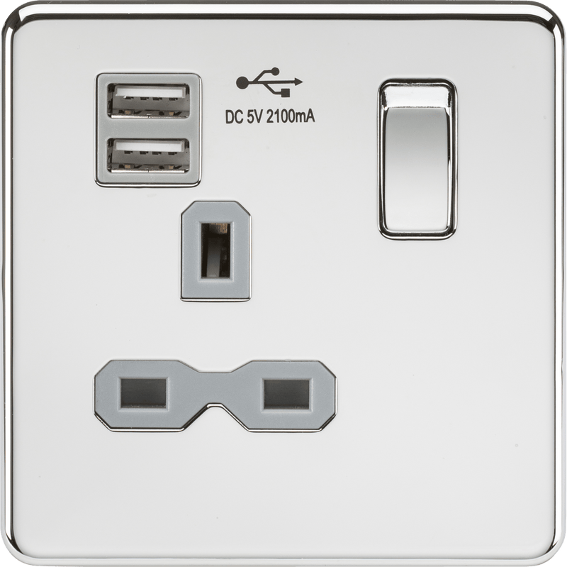 Knightsbridge MLA SFR9901PCG Screwless 13A 1G switched socket with dual USB charger (2.1A) - polished chrome with grey insert - Knightsbridge MLA - Falcon Electrical UK