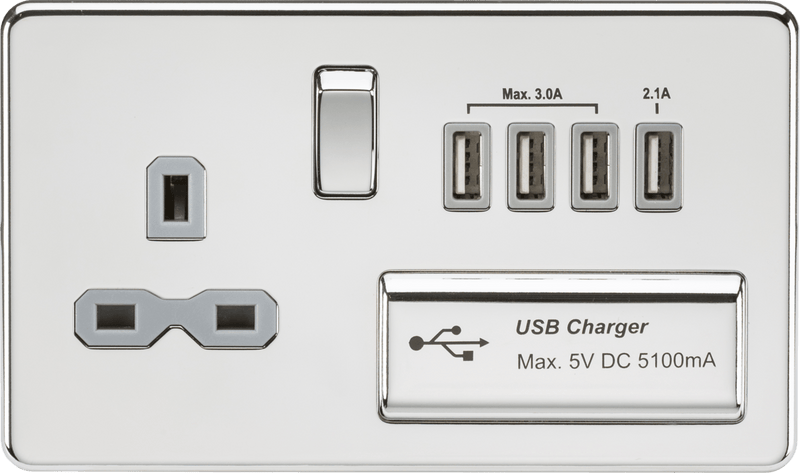 Knightsbridge MLA SFR7USB4PCG Screwless 13A switched socket with quad USB charger (5.1A) - polished chrome with grey insert - Knightsbridge MLA - Falcon Electrical UK