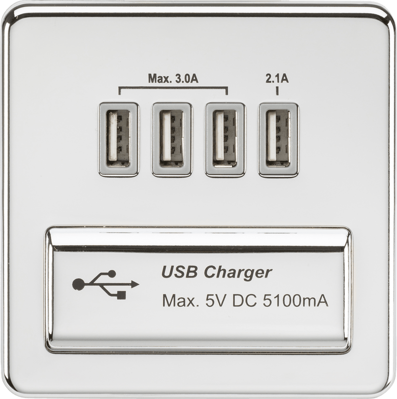 Knightsbridge MLA SFQUADPCG Screwless Quad USB charger Outlet (5.1A) - Polished chrome with grey insert - Knightsbridge MLA - Falcon Electrical UK