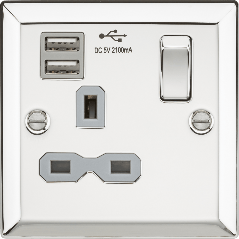 Knightsbridge MLA CV91PCG 13A 1G Switched Socket Dual USB Charger Slots with Grey Insert - Bevelled Edge Polished Chrome - Knightsbridge MLA - Falcon Electrical UK