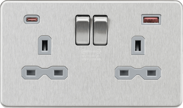 Knightsbridge MLA SFR9945BCG 13A 2G DP Switched Socket with Dual USB A+C [45W FASTCHARGE] - Brushed Chrome with grey insert - Knightsbridge MLA - Falcon Electrical UK