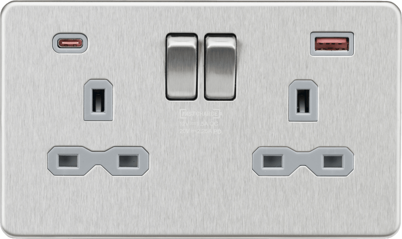 Knightsbridge MLA SFR9945BCG 13A 2G DP Switched Socket with Dual USB A+C [45W FASTCHARGE] - Brushed Chrome with grey insert - Knightsbridge MLA - Falcon Electrical UK