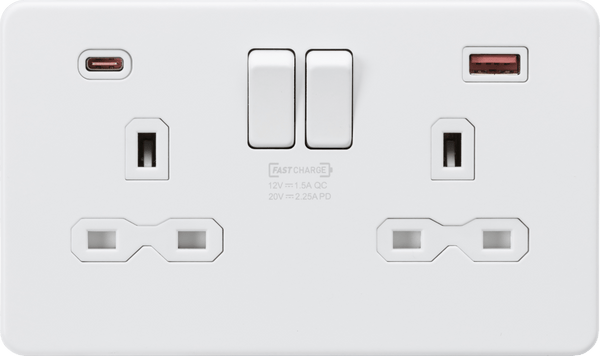 Knightsbridge MLA SFR9945MW 13A 2G DP Switched Socket with Dual USB A+C [45W FASTCHARGE] - Matt White - Knightsbridge MLA - Falcon Electrical UK