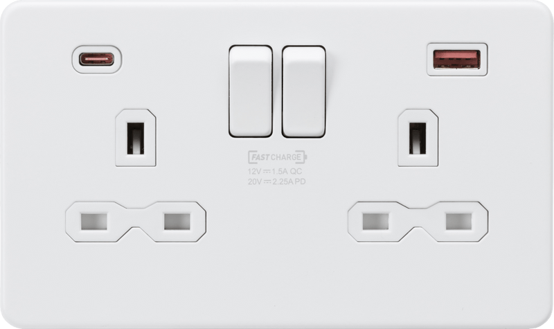 Knightsbridge MLA SFR9945MW 13A 2G DP Switched Socket with Dual USB A+C [45W FASTCHARGE] - Matt White - Knightsbridge MLA - Falcon Electrical UK