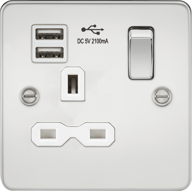 Knightsbridge MLA FPR9901PCW Flat plate 13A 1G switched socket with dual USB charger (2.1A) - polished chrome with white insert - Knightsbridge MLA - Falcon Electrical UK