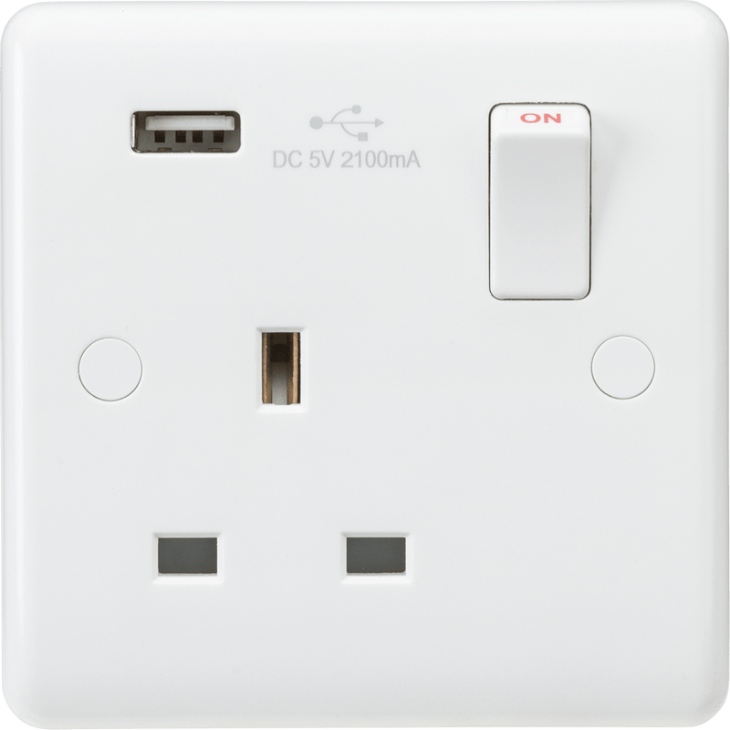 Knightsbridge MLA CU9903 Curved Edge 13A 1G Switched Socket with USB Charger (5V DC 2.1A) - Knightsbridge MLA - Falcon Electrical UK