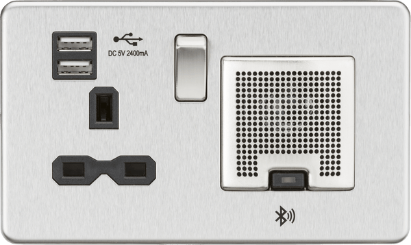 Knightsbridge MLA SFR9905BC Screwless 13A socket, USB chargers (2.4A) and Bluetooth Speaker - Brushed chrome with black insert - Knightsbridge MLA - Falcon Electrical UK