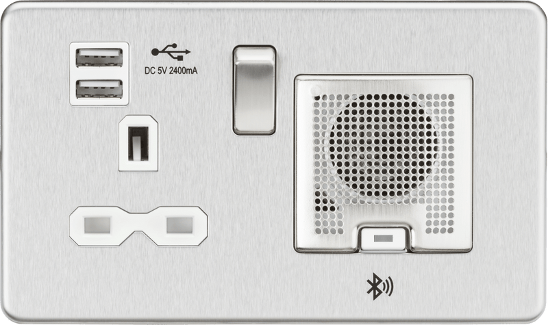 Knightsbridge MLA SFR9905BCW Screwless 13A socket, USB chargers (2.4A) and Bluetooth Speaker - Brushed chrome with white insert - Knightsbridge MLA - Falcon Electrical UK