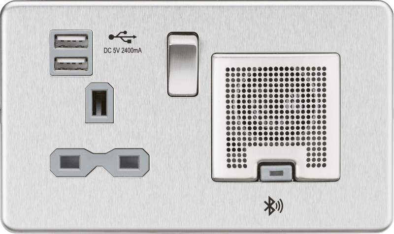 Knightsbridge MLA SFR9905BCG Screwless 13A socket, USB chargers (2.4A) and Bluetooth Speaker - Brushed chrome with grey insert - Knightsbridge MLA - Falcon Electrical UK