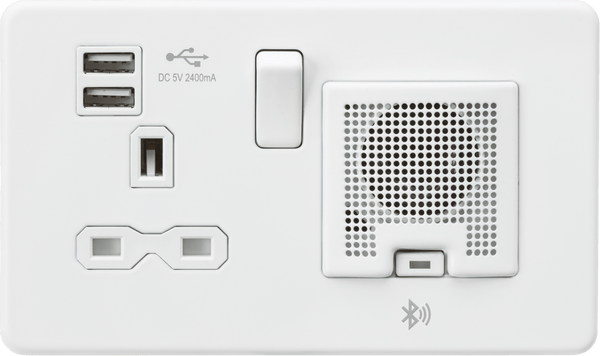 Knightsbridge MLA SFR9905MW Screwless 13A socket, USB chargers (2.4A) and Bluetooth Speaker - Matt white - Knightsbridge MLA - Falcon Electrical UK