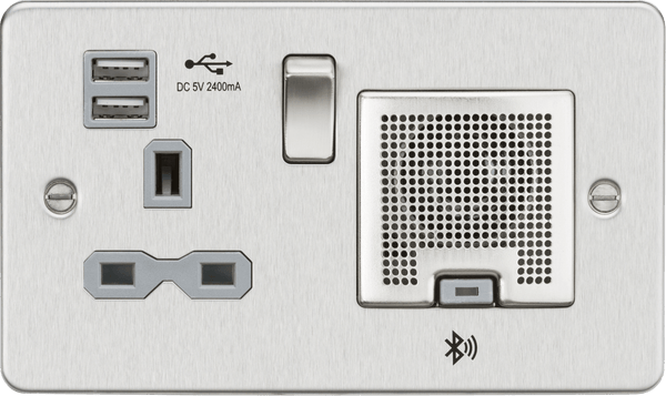 Knightsbridge MLA FPR9905BCG Flat Plate 13A socket, USB chargers (2.4A) and Bluetooth Speaker - Brushed chrome with grey insert - Knightsbridge MLA - Falcon Electrical UK