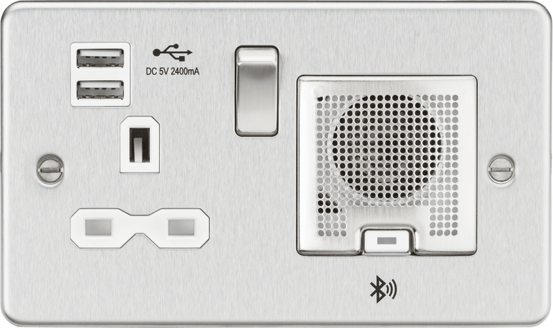 Knightsbridge MLA FPR9905BCW Flat Plate 13A socket, USB chargers (2.4A) and Bluetooth Speaker - Brushed chrome with white insert - Knightsbridge MLA - Falcon Electrical UK