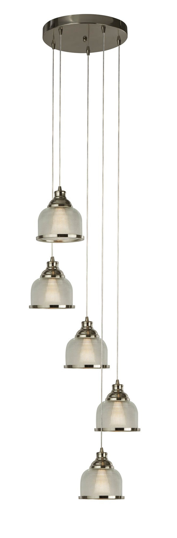 Searchlight 1585-5SS Bistro II 5Lt Pendant - Satin Silver & Holophane Style Glass - Searchlight - Falcon Electrical UK