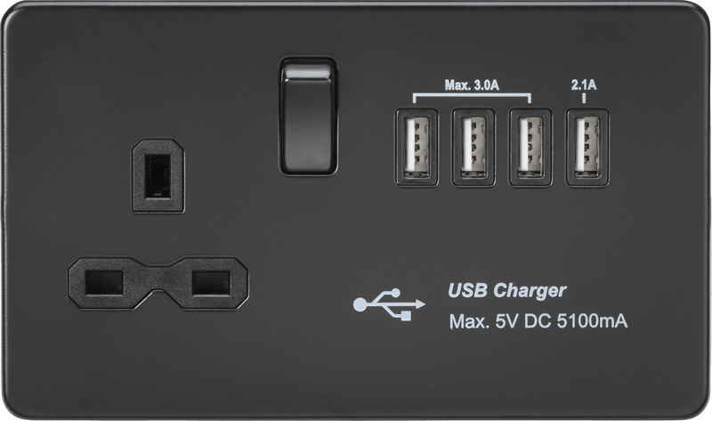 Knightsbridge MLA SFR7USB4MBB Screwless 13A switched socket with quad USB charger (5.1A) - Matt Black - Knightsbridge MLA - Falcon Electrical UK