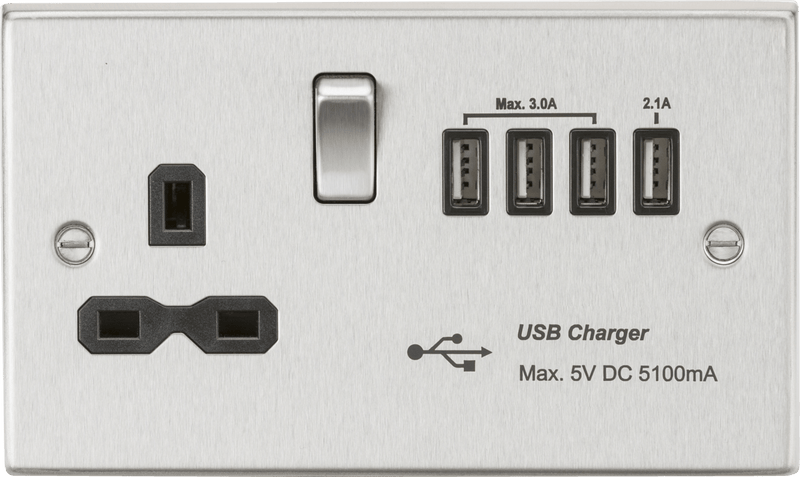 Knightsbridge MLA CS7USB4BC 13A switched socket with quad USB charger (5.1A) - brushed chrome with black insert - Knightsbridge MLA - Falcon Electrical UK